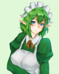 1girl apron bad_id bad_pixiv_id blue_eyes dungeon_ni_deai_wo_motomeru_no_wa_machigatteiru_darou_ka elf gobi_(jtnyrwbkohiqsuldg) green_hair highres long_sleeves looking_at_viewer maid maid_headdress pointy_ears puffy_long_sleeves puffy_sleeves ryu_lion short_hair solo upper_body