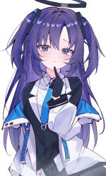 Rule 34 | 1girl, black gloves, black vest, blue archive, blue eyes, blue hair, blue necktie, blush, closed mouth, collared shirt, commentary, gloves, hair between eyes, halo, hand up, highres, index finger raised, jacket, kiriii, long sleeves, looking at viewer, mechanical halo, necktie, off shoulder, open clothes, open jacket, shirt, simple background, solo, two side up, upper body, vest, white background, white jacket, white shirt, yuuka (blue archive)