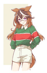 Rule 34 | 1girl, alternate costume, animal ears, arms behind back, bespectacled, blush, breasts, brown hair, closed mouth, collarbone, cropped legs, earrings, glass, glasses, green shirt, highres, horse ears, horse girl, horse tail, jewelry, long hair, long sleeves, looking at viewer, mon momu, multicolored hair, purple eyes, semi-rimless eyewear, shirt, single earring, skirt, small breasts, smile, solo, streaked hair, symboli rudolf (umamusume), tail, umamusume, white skirt