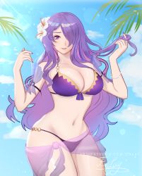 Rule 34 | 1girl, absurdres, artist name, bikini, blue sky, breasts, camilla (fire emblem), camilla (summer) (fire emblem), cleavage, commentary, cowboy shot, day, english commentary, enlay, fire emblem, fire emblem heroes, hair ornament, hair over one eye, twirling hair, highres, large breasts, long hair, looking at viewer, nail polish, navel, nintendo, pale skin, sarong, signature, sky, smile, solo, swimsuit, thighs, very long hair, watermark, wavy hair, wide hips