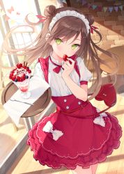 Rule 34 | 1girl, bag, blush, brick wall, brown hair, closed mouth, commentary request, cowboy shot, double bun, eating, food, frills, fruit, green eyes, hair bun, hair ornament, hairclip, head tilt, heart-shaped bag, high-waist skirt, highres, holding, holding food, holding fruit, holding tray, ice cream, indoors, layered skirt, long hair, looking at viewer, maid headdress, neck ribbon, original, pennant, polka dot, polka dot skirt, puffy short sleeves, puffy sleeves, red ribbon, red skirt, ribbon, rurudo, shirt, short sleeves, skirt, smile, solo, spoon, standing, strawberry, sundae, suspender skirt, suspenders, swept bangs, tray, twitter username, unmoving pattern, very long hair, white shirt, window, wooden floor