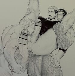 Rule 34 | 3boys, arm hair, bara, bottomless, completely nude, erection, facial hair, fellatio, greyscale, imminent anal, imminent penetration, large pectorals, leg hair, legs up, licking, licking penis, male focus, mature male, monochrome, multiple boys, muscular, muscular male, naked shirt, nude, open mouth, oral, original, paid reward available, pectorals, penis, shirt, short hair, tarowo, testicles, tongue, tongue out, yaoi