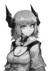 Rule 34 | 10s, 1girl, amulet, au ra, blunt bangs, breasts, cleavage, deel (rkeg), dragon girl, dragon horns, final fantasy, final fantasy xiv, greyscale, highres, horns, large breasts, messy hair, monochrome, scales, short hair, simple background, smile, solo, warrior of light (ff14), white background