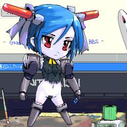 Rule 34 | 1girl, blue hair, blue skin, character request, chibi, colored skin, copyright request, indoors, lowres, maebari, no pants, oekaki, red eyes, solo, standing, thighhighs