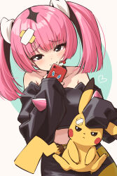 Rule 34 | 1girl, belt, black eyes, blush, closed mouth, collarbone, commentary request, coral (pokemon), creatures (company), eyelashes, fang, fang out, game freak, gen 1 pokemon, gen 4 pokemon, hair ornament, hand up, highres, holding, holding phone, looking at viewer, mikuru ism, nintendo, off shoulder, on lap, phone, pikachu, pink hair, pokemon, pokemon (anime), pokemon (creature), pokemon horizons, pokemon on lap, raised eyebrows, rotom, rotom phone, skirt, sleeves past wrists, smile, twintails, yellow belt