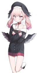 Rule 34 | beret, billbung, black hat, black wings, blue archive, blush, feathered wings, hat, head wings, highres, holding, holding manga, koharu (blue archive), low twintails, low wings, manga (object), pink eyes, pink hair, pink neckwear, sailor collar, simple background, solo, twintails, white background, white sailor collar, winged hat, wings
