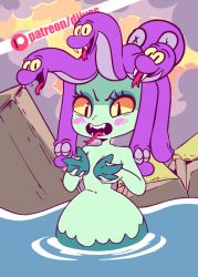Rule 34 | 1girl, animated, animated gif, artist name, bad id, bad tumblr id, black eyes, blush, breast hold, breasts, cala maria (cuphead), cleavage, closed eyes, cloud, colored sclera, colored skin, cuphead (game), diives, fangs, female focus, forked tongue, grabbing own breast, green skin, looking at viewer, medium breasts, mermaid, monster girl, navel, no humans, ocean, open mouth, outdoors, partially submerged, patreon logo, purple hair, shell, shell bikini, sky, slit pupils, smile, snake hair, solo, stomach, teeth, text focus, tongue, tongue out, water, watermark, web address, yellow sclera