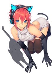 Rule 34 | 1girl, ahoge, all fours, animal ear headphones, animal ears, aran sweater, arched back, artist name, axent wear, backless dress, backless outfit, black gloves, black thighhighs, blue eyes, blush, breasts, cable knit, cat, cat ear headphones, cat tail, crossed bangs, cyborg, dress, dutch angle, elbow gloves, fake animal ears, fang, fingerless gloves, gloves, grey sweater, greyscale, hair between eyes, halterneck, headphones, hiwatari makoto, legs together, looking at another, looking at viewer, mechanical arms, medium breasts, meme attire, monochrome, naked sweater, one eye closed, open mouth, original, red hair, ribbed sweater, ryuji (ikeriu), shoes, short hair with long locks, sidelocks, simple background, single elbow glove, single glove, single mechanical arm, smile, sneakers, solo, sweater, tail, thighhighs, turtleneck, turtleneck sweater, unfinished, virgin killer sweater