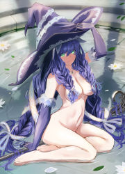Rule 34 | 1girl, absurdres, barefoot, breasts, elbow gloves, expressionless, flower, gloves, graffiti (medium), green eyes, hair over breasts, hair ribbon, hat, highres, holding, holding clothes, holding hat, jewelry, large breasts, leaf, long hair, looking at viewer, navel, necklace, nipples, nude, original, partially submerged, pendant, petals, purple gloves, purple hair, quad braids, ribbon, ripples, sitting, solo, staff, stairs, stone stairs, toes, very long hair, water, witch, witch hat, yilan un, yokozuwari