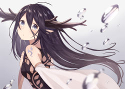 Rule 34 | 1girl, antlers, black hair, blue eyes, blush, clenched hand, detached sleeves, from side, gradient background, hair between eyes, hand on own chest, head tilt, horns, looking at viewer, nagitoki, original, pointy ears, puckered lips, solo, tattoo, upper body, water drop, wide sleeves, wind