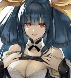Rule 34 | 1girl, arc system works, bare shoulders, blue hair, breasts, choker, cleavage, closed mouth, clothing cutout, detached sleeves, dizzy (guilty gear), guilty gear, guilty gear xrd, hair between eyes, hair ribbon, hair rings, hand on own chest, jako (toyprn), large breasts, lips, looking at viewer, mature female, profile, red eyes, ribbon, solo, twintails, upper body, yellow ribbon