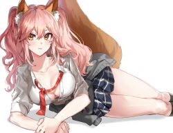 Rule 34 | 1girl, animal ear fluff, animal ears, bad id, bad pixiv id, blush, breasts, cleavage, collarbone, fate/extra, fate/extra ccc, fate (series), fox ears, fox girl, fox tail, fresa pie, highres, large breasts, looking at viewer, lying, medium skirt, necktie, official alternate costume, on side, open mouth, pink hair, simple background, skirt, solo, tail, tamamo (fate), tamamo no mae (fate/extra), tamamo no mae (jk) (fate), twintails, white background, yellow eyes