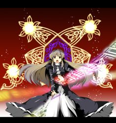 Rule 34 | 1girl, brown eyes, brown hair, dress, female focus, fighting stance, fujy, glowing, gothic lolita, gradient hair, hijiri byakuren, letterboxed, lolita fashion, long hair, magic, multicolored hair, open mouth, scroll, serious, solo, sorcerer&#039;s sutra scroll, touhou