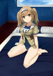 Rule 34 | 10s, 1girl, b3b, breasts, brown eyes, clothes writing, futon, hairband, highres, i-26 (kancolle), kantai collection, large breasts, light brown hair, long hair, looking at viewer, name tag, new school swimsuit, on floor, one-piece swimsuit, open clothes, sailor collar, school swimsuit, short sleeves, smile, solo, swimsuit, swimsuit under clothes, two-tone hairband, two side up, window