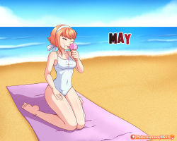 Rule 34 | 1girl, alternate costume, barefoot, beach, beach towel, bob cut, breasts, covered navel, eating, fire emblem, fire emblem fates, food, food on body, food on face, hairband, highres, ice cream, ice cream cone, ice cream on face, medium breasts, nintendo, ocean, one-piece swimsuit, pink hair, reit, sakura (fire emblem), sand, short hair, sky, solo, swimsuit, towel, water, white one-piece swimsuit