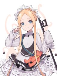 Rule 34 | 1girl, abigail williams (fate), abigail williams (festival outfit) (fate), alternate hairstyle, apron, blonde hair, blue eyes, dress, fate/grand order, fate (series), highres, holding, long hair, maid, maid apron, maid headdress, official alternate costume, parted bangs, rata (m40929), skirt, sleeves past wrists, smile, solo, stuffed animal, stuffed toy, teddy bear, tentacles, v
