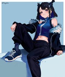 Rule 34 | absurdres, alternate costume, arm support, black hair, black pants, blue hair, clenched hand, collared shirt, crop top, cropped legs, demon girl, demon horns, fur trim, hair ornament, highres, hololive, hololive english, horns, jacket, leaning back, long sleeves, meiyoshima, midriff, multicolored hair, nail polish, navel, nerissa ravencroft, off-shoulder jacket, off shoulder, open clothes, open jacket, open mouth, outline, outstretched arms, pants, red eyes, shirt, shoes, short hair, sidelocks, sitting, sitting on object, sleeves past wrists, sleveless shirt, sneakers, tagme, teeth, two-tone hair, virtual youtuber, white outline, zipper