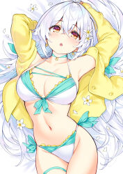 Rule 34 | 1girl, ahoge, armpits, arms behind head, arms up, bare shoulders, bed sheet, bikini, breasts, choker, cleavage, collarbone, cu-no, earrings, flower, frilled bikini, frills, front-tie bikini top, front-tie top, green choker, hair between eyes, hair flower, hair ornament, hair spread out, halterneck, highres, hisen kaede, jacket, jewelry, large breasts, long hair, long sleeves, looking at viewer, lying, navel, off shoulder, on bed, open clothes, open jacket, open mouth, petals, rapua qive, side-tie bikini bottom, solo, stomach, string bikini, swimsuit, thigh strap, thighs, very long hair, white bikini, white flower, white hair, yellow eyes, yellow jacket