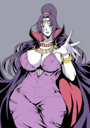 Rule 34 | 1girl, blush, bracelet, breasts, cape, cleavage, collarbone, colored skin, covered erect nipples, earrings, eyes visible through hair, fingernails, gold, grey background, jewelry, karla (lodoss), lipstick, long hair, makeup, mature female, mifune seijirou, necklace, open hand, parted lips, ponytail, purple cape, purple eyes, purple hair, purple lips, record of lodoss war, simple background, solo, white skin, wide hips
