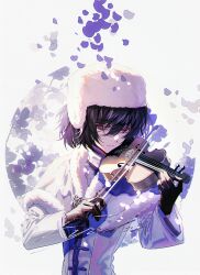 Rule 34 | 1boy, absurdres, baocaizi, black hair, bow (music), bungou stray dogs, capelet, commentary request, fur hat, fur trim, fyodor dostoyevsky (bungou stray dogs), gloves, hair between eyes, hat, highres, holding, holding bow (music), holding instrument, holding violin, instrument, long sleeves, male focus, music, parted lips, playing instrument, red eyes, shirt, short hair, smile, solo, ushanka, violin, white capelet, white hat, white shirt