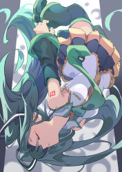 Rule 34 | 1girl, absurdres, bare shoulders, black skirt, breasts, closed eyes, cof (ko fu), collared shirt, commentary request, detached sleeves, falling, green footwear, green hair, green necktie, hatsune miku, highres, long hair, medium breasts, necktie, number tattoo, pleated skirt, rolling girl (vocaloid), shirt, shoes, skirt, solo, tattoo, tie clip, upside-down, very long hair, vocaloid, white shirt