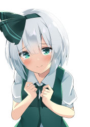 Rule 34 | 1girl, 9150namihana, absurdres, black bow, black bowtie, black hairband, bow, bowtie, closed mouth, collared shirt, green eyes, hairband, highres, konpaku youmu, looking at viewer, shirt, short hair, simple background, smile, solo, tears, touhou, upper body, white background, white hair