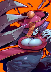 Rule 34 | blue skin, bouncing breasts, breasts, cleavage, cleavage cutout, clothing cutout, colored skin, hat, highres, jiangshi, large breasts, lei lei, qingdai guanmao, simple background, tukiwani, undead, vampire (game)