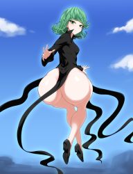Rule 34 | 1girl, absurdres, ass, black dress, black footwear, blue sky, blush, breasts, closed mouth, curly hair, day, dress, from behind, full body, green eyes, green hair, high heels, highres, huge ass, jadf, long sleeves, looking back, matching hair/eyes, no panties, one-punch man, partially visible anus, short hair, sky, small breasts, solo, sweat, tatsumaki