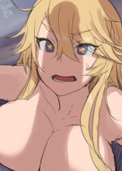 Rule 34 | 1girl, blonde hair, blue eyes, bosshi, breast press, breasts, commentary request, highres, iowa (kancolle), kantai collection, large breasts, nude, open mouth, penis awe, penis shadow, signature, solo, star-shaped pupils, star (symbol), sweatdrop, symbol-shaped pupils, upper body
