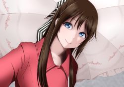 Rule 34 | 1girl, aqua eyes, artist name, artist request, audrey (love live!), belt, black bow, blue eyes, blush, bow, bow hairband, breasts, brown hair, buttons, closed umbrella, coat, collared coat, dress, female focus, hair between eyes, hair bow, hairband, half updo, high ponytail, holding, long hair, long sleeves, looking at viewer, love live!, love live! nijigasaki high school idol club, love live! school idol festival, osaka shizuku, parted lips, ponytail, red belt, red bow, red coat, red dress, red ribbon, ribbon, sidelocks, small breasts, smile, solo, striped, striped bow, trench coat, umbrella, upper body, white bow, white umbrella, wing collar