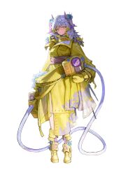 Rule 34 | 1girl, absurdres, blue flower, blue hair, boots, breasts, closed mouth, coat, dress, flower, full body, gloves, hair flower, hair ornament, highres, holding, horns, long hair, long sleeves, looking at viewer, mokagu, original, purple hair, simple background, small breasts, solo, standing, tachi-e, tube, white background, yellow coat, yellow dress, yellow eyes, yellow footwear, yellow gloves