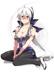 Rule 34 | 1girl, bare shoulders, blush, breasts, caffein, cleavage, highres, large breasts, long hair, nail polish, necktie, red eyes, silver hair, sitting, solo, very long hair, vocaloid, wariza, yowane haku
