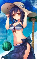 Rule 34 | 10s, 1girl, bikini, blue hair, brown eyes, food, fruit, hair flaps, hands on headwear, hat, highres, kantai collection, long hair, low twintails, palm tree, sarong, snow (gi66gotyo), solo, sun hat, swimsuit, taigei (kancolle), tree, twintails, watermelon