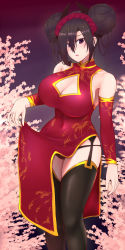 Rule 34 | 1girl, agent (girls&#039; frontline), armpits, black hair, black panties, blush, breasts, cherry blossoms, china dress, chinese clothes, clothes lift, commentary request, detached sleeves, double bun, dress, dress lift, flame print, garter belt, garter straps, girls&#039; frontline, gold trim, hair between eyes, highres, large breasts, lifted by self, looking at viewer, messy hair, navel, night, outdoors, panties, pao mian+dan, parted lips, purple eyes, sangvis ferri, solo, tsurime, underwear