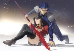 Rule 34 | 1girl, ankle boots, artist name, ass, black hair, black skirt, black thighhighs, blue eyes, blue hair, bodysuit, boots, brown footwear, brown scarf, commentary request, cu chulainn (fate), cu chulainn (fate/stay night), fate/stay night, fate (series), grin, high heel boots, high heels, highres, holding, holding polearm, holding spear, holding weapon, long hair, long sleeves, looking at viewer, mondi hl, panties, pleated skirt, polearm, red eyes, red shirt, scarf, shirt, shoes, shoulder plates, sitting, skirt, smile, spear, thighhighs, tohsaka rin, underwear, weapon, white panties