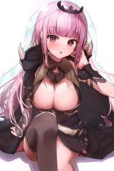 Rule 34 | 1girl, :o, absurdres, beil, black cape, black dress, black thighhighs, breasts, cape, cleavage, commentary request, detached sleeves, dress, highres, hololive, hololive english, knee up, large breasts, long hair, looking at viewer, mori calliope, open mouth, pink hair, red eyes, simple background, single detached sleeve, single thighhigh, sitting, solo, soyoghi, spikes, thighhighs, tiara, veil, very long hair, virtual youtuber, white background