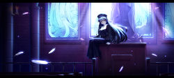 Rule 34 | 1girl, absurdres, amamiya yuuko, arm support, black dress, black footwear, black headwear, blue hair, blush, candle, closed mouth, commentary request, curtains, dress, ef (visual novel), feathers, full body, hand on own knee, hat, highres, huge filesize, indoors, letterboxed, light, light particles, light rays, long hair, long sleeves, merry christmas, nun, puffy long sleeves, puffy sleeves, sitting, smile, solo, stained glass, sumomo (sunrainday), window