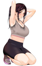 Rule 34 | 1girl, armpits, arms up, bare arms, bare shoulders, black shorts, blush, breasts, cleavage, closed mouth, commentary request, full body, kneeling, large breasts, long hair, looking at viewer, original, ponytail, purple eyes, purple hair, shoes, shorts, simple background, sleeveless, sneakers, solo, sweaty clothes, thighs, toro tarou, white background