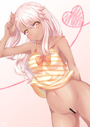Rule 34 | 1girl, absurdres, armpits, arms behind back, bar censor, bare arms, bare shoulders, blush, bottomless, bow, bowtie, breasts, camisole, censored, chloe von einzbern, closed mouth, collarbone, cowboy shot, dark-skinned female, dark skin, eyelashes, fate/kaleid liner prisma illya, fate (series), gluteal fold, gradient background, gradient eyes, hair between eyes, hand to head, hand up, heart, heart of string, highres, legs apart, lips, long hair, looking at viewer, multicolored eyes, nanamira bi, navel, no panties, one side up, orange bow, orange bowtie, orange eyes, pink hair, side ponytail, small breasts, smile, solo, spaghetti strap, stomach, striped, striped camisole, underwear, v, w, yellow eyes