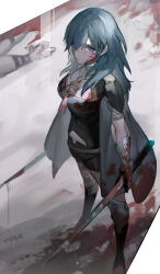 Rule 34 | 1girl, absurdres, bag, black footwear, black shirt, black shorts, blood, blood on face, blood on hands, bloody weapon, blue hair, boots, bracer, breasts, byleth (female) (fire emblem), byleth (fire emblem), character request, cleavage, closed mouth, clothing cutout, collar, commentary, copyright request, detached collar, dual wielding, eyelashes, fire emblem, fire emblem: three houses, full body, grey background, hair over one eye, hair over shoulder, high collar, highres, holding, holding sword, holding weapon, knee boots, large breasts, leg tattoo, light frown, long hair, nahonanaho, purple eyes, shirt, short shorts, shorts, shoulder bag, solo, standing, stomach cutout, sword, tassel, tattoo, weapon, white collar
