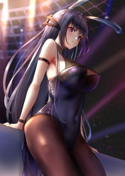 Rule 34 | 1girl, absurdres, animal ears, arm strap, azur lane, bare shoulders, black leotard, bodystocking, breasts, carlshaowei, cleavage, covered navel, fake animal ears, from below, highres, large breasts, leotard, long hair, looking at viewer, looking down, new jersey (azur lane), new jersey (exhilarating steps!) (azur lane), official alternate costume, oversized breast cup, pantyhose, playboy bunny, purple eyes, purple hair, purple leotard, rabbit ears, see-through, see-through cleavage, skin tight, solo, stage lights, strapless, strapless leotard