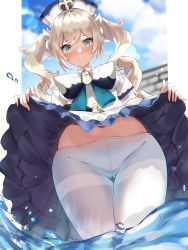 Rule 34 | 1girl, absurdres, barbara (genshin impact), blonde hair, blue eyes, blue sky, blush, bow, bowtie, closed mouth, clothes lift, cloud, cross, dress, dress lift, drill hair, flashing, frilled dress, frilled skirt, frills, genshin impact, gluteal fold, hair ornament, hat, highres, lifting own clothes, looking at viewer, navel, pantyhose, partially submerged, priestess, shiroserika, skirt, skirt lift, sky, smile, solo, twin drills, twintails, upskirt, water, white dress, white pantyhose