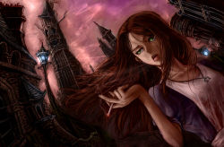 Rule 34 | 1girl, alice: madness returns, alice in wonderland, alice liddell (american mcgee&#039;s alice), american mcgee&#039;s alice, brown hair, ceramic man, cigarette, dress, female focus, green eyes, highres, jewelry, lamppost, long hair, necklace, smoking, solo, tongue, tongue out