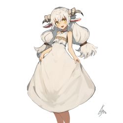 Rule 34 | 1girl, :d, animal ears, bare arms, bare shoulders, dress, feet out of frame, grey hair, highres, horns, lansane, long hair, looking at viewer, low-tied long hair, open mouth, original, sheep ears, sheep horns, signature, simple background, skirt hold, smile, solo, white background, white dress, yellow eyes