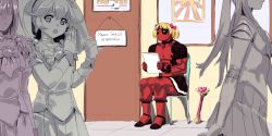 Rule 34 | 10s, 1boy, 3girls, archvermin, bishoujo senshi sailor moon, blonde hair, chair, character request, crossdressing, crossover, cure peace, cure sunny, deadpool, deadpool (series), drawfag, hair flaps, highres, hino akane (smile precure!), humor, interview, kise yayoi, magical girl, marvel, mask, multiple girls, non-web source, paper, precure, short twintails, sitting, skirt, smile precure!, toei animation, twintails, wand, wig