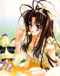 Rule 34 | 1girl, absurdres, bell, blush, bow, bracelet, brown hair, candy, choker, cow, cream, dress, flower, food, gradient background, hair bow, highres, jewelry, milk, mimizuku auru, open mouth, pudding, purple eyes, solo, spoon, yayoi private lesson, yellow dress