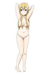 Rule 34 | 00s, 1girl, arms up, barefoot, blonde hair, blue eyes, blue panties, blush, breasts, closed mouth, convenient censoring, eyebrows, full body, hair censor, hair over breasts, k-on!, korokorokoro, kotobuki tsumugi, large breasts, long hair, looking at viewer, navel, panties, simple background, smile, solo, standing, thick eyebrows, topless, underwear, white background