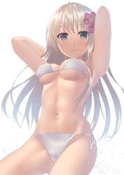 Rule 34 | 1girl, armpits, arms up, bikini, blue eyes, breasts, cleavage, closed mouth, contrapposto, covered erect nipples, cowboy shot, flower, grey bikini, hair flower, hair ornament, highres, light brown hair, long hair, looking at viewer, medium breasts, navel, original, side-tie bikini bottom, sidelocks, simple background, smile, solo, standing, swimsuit, tsukimizu (ordeal), underboob, white background