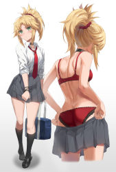 Rule 34 | 1girl, ass, back, bag, black footwear, black socks, blonde hair, bra, braid, breasts, butt crack, choker, collared shirt, covering crotch, covering privates, dress shirt, fate/apocrypha, fate (series), french braid, full body, grey skirt, hair ornament, hair scrunchie, highres, kneehighs, long hair, long sleeves, looking at viewer, mordred (fate), multiple views, necktie, panties, ponytail, red bra, red neckwear, red panties, school bag, scrunchie, shirt, sidelocks, skirt, sleeves rolled up, small breasts, socks, tonee, underwear, white shirt