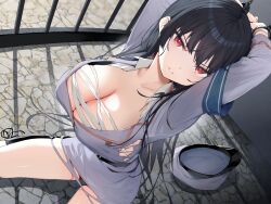 Rule 34 | 1girl, armband, arms up, belt, black belt, black footwear, black hair, breasts, chest sarashi, collared shirt, commentary request, copyright request, cuffs, dress, handcuffs, highres, itohana, large breasts, long hair, long sleeves, looking at viewer, parted lips, red eyes, sarashi, shirt, solo, torn clothes, torn dress, torn shirt, very long hair, white shirt